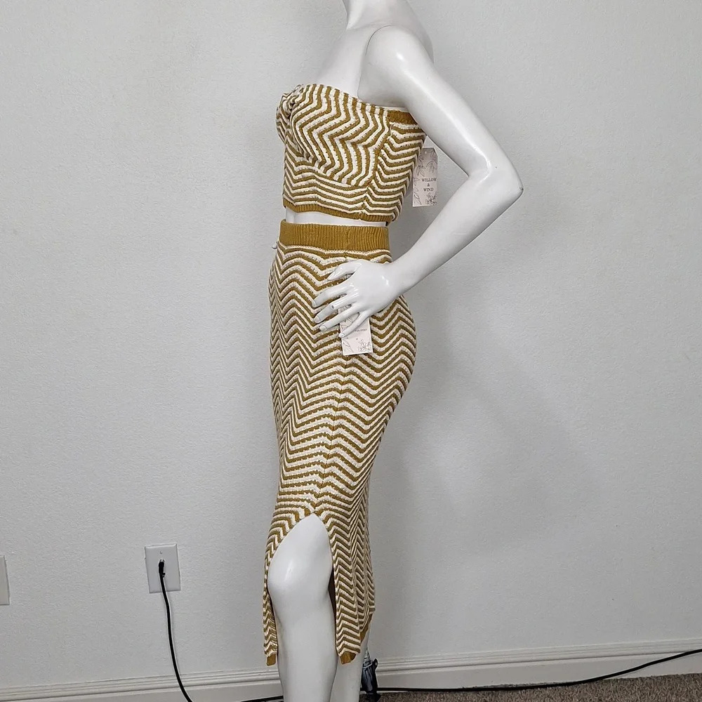 Willow & Wind "NEW" 70's Tan White Bohemian Knit Midi Hippie Skirt & Top Set *M - Picture 4 of 9